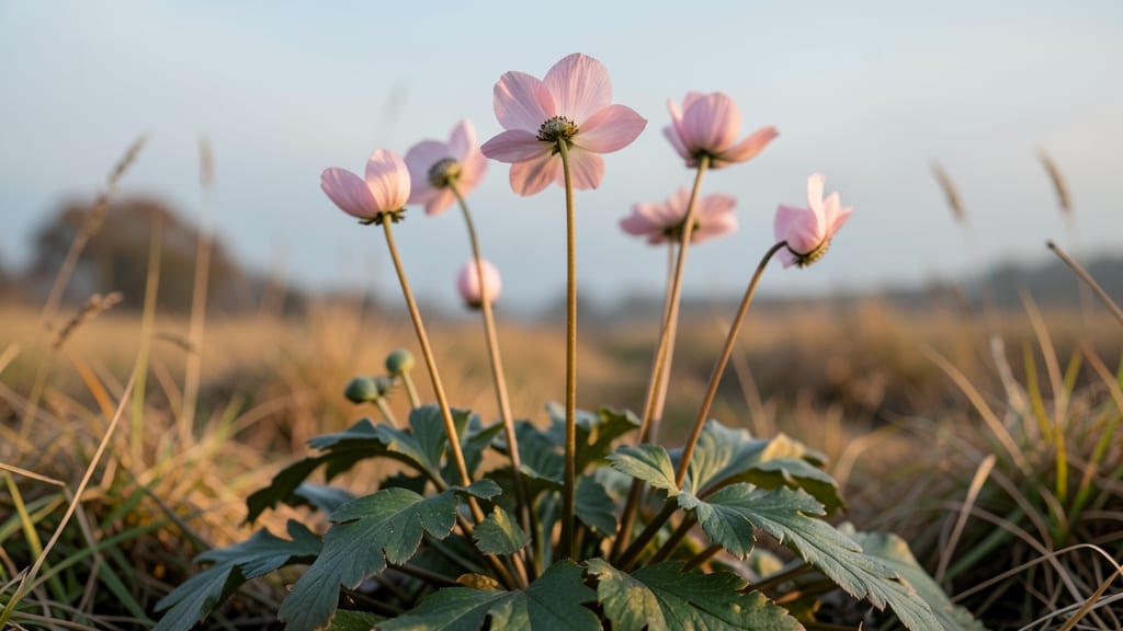 Japanese Anemone with Pink Pom-Pom Flowers