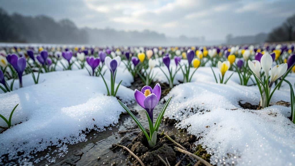 Crocus Flowers Pushing Through Snow