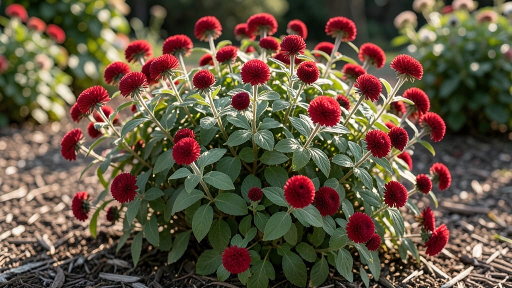 Spirea Anthony Waterer with Red Pom-Pom Flowers